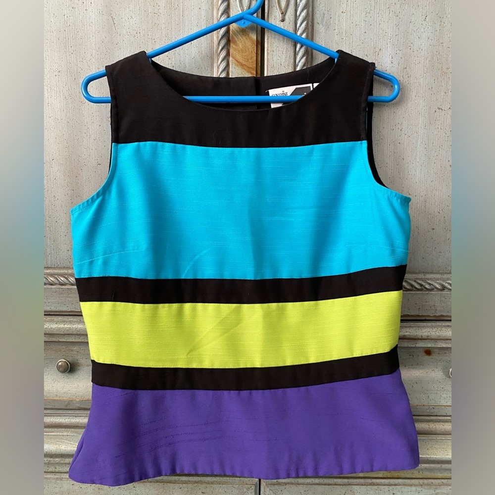 Sleeveless top w/black, aqua, lime green & purple stripes, buttons down the back